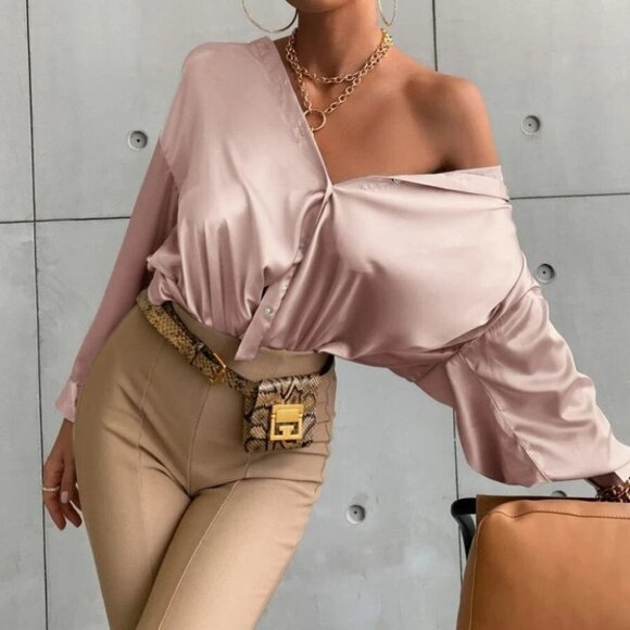 Button down Bishop Sleeve Shirt Blouse Dusty Pink - Picture 4 of 6